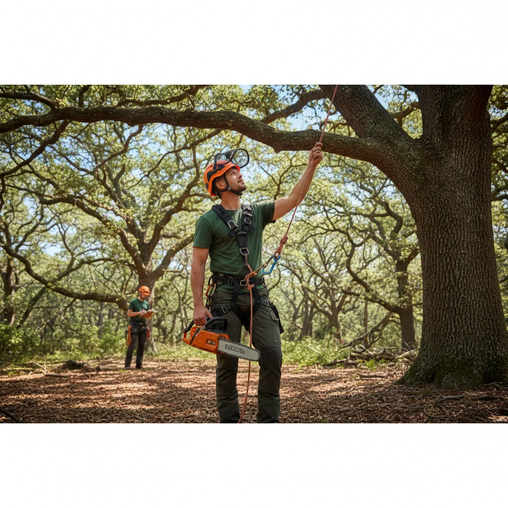 A certified arborist inspecting a large oak tree with a clipboard in a San Diego yard.