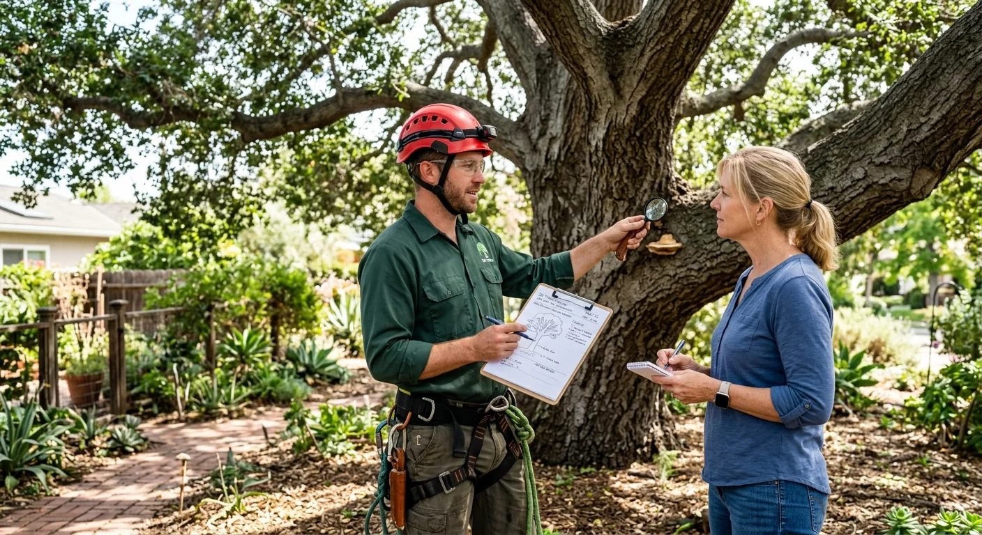Two people stand beside a large tree with a clipboard and a hand lens. A shelf-like growth is visible on the trunk.