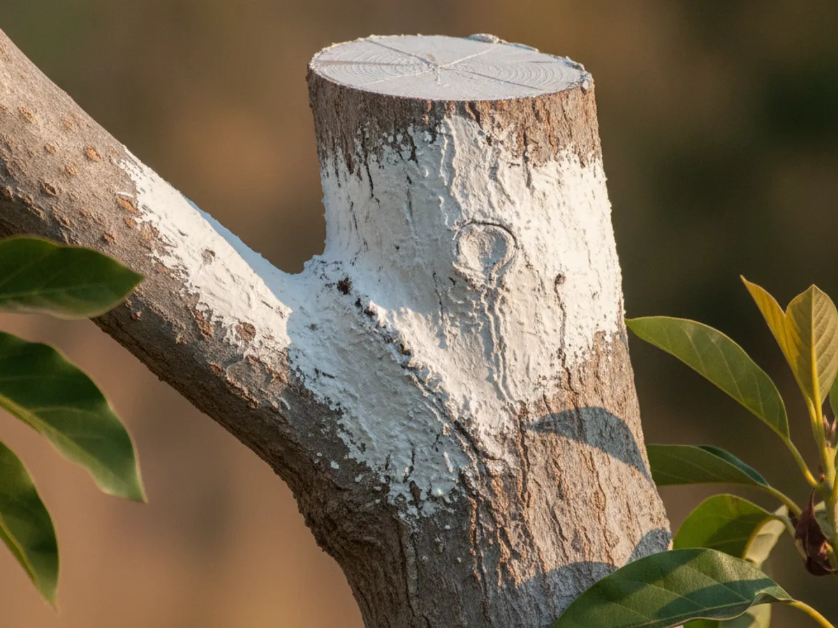 Primer plano de una rama de aguacate encalada que protege la corteza expuesta de la quemadura del sol después de abrir la copa con una poda