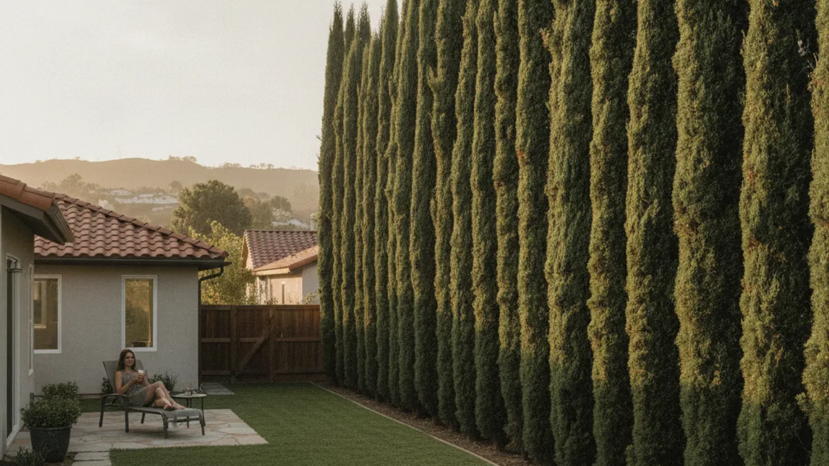 A row of dense columnar Italian cypress trees forming a privacy screen along a San Diego backyard fence line