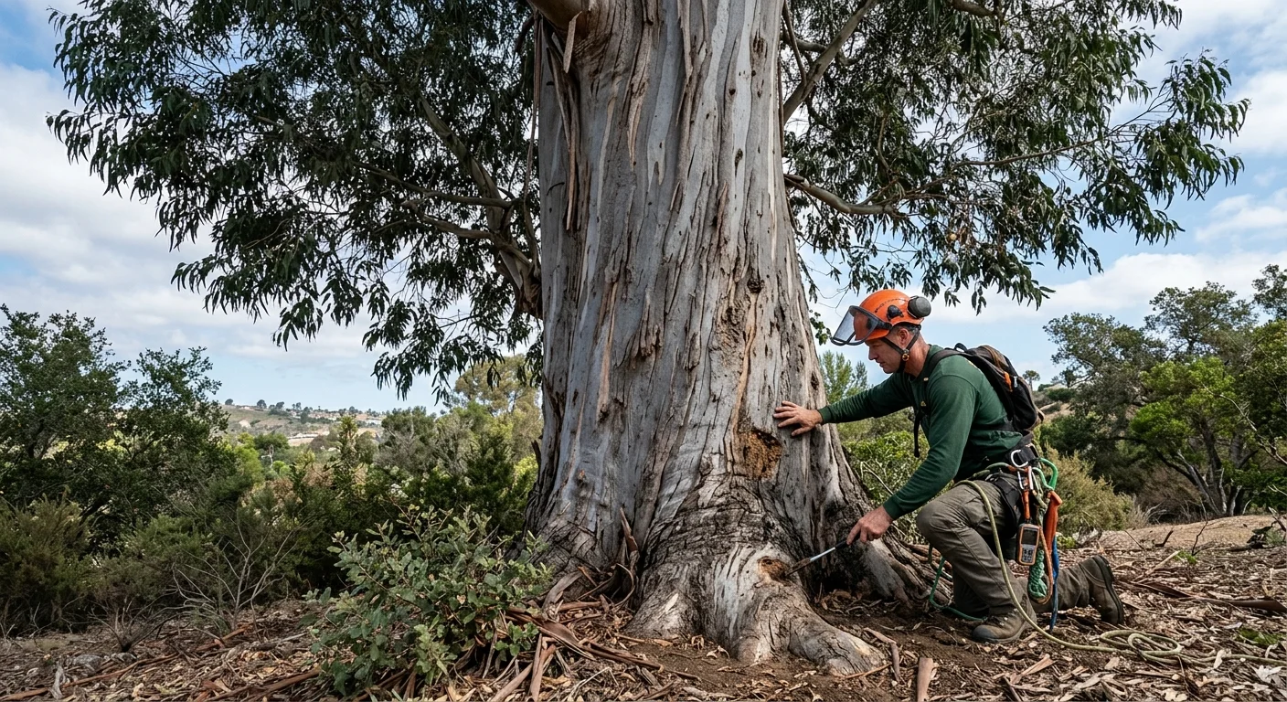 An equipped tree professional in a climbing helmet and harness kneels to inspect a low trunk opening on a large tree with naturally shedding bark.