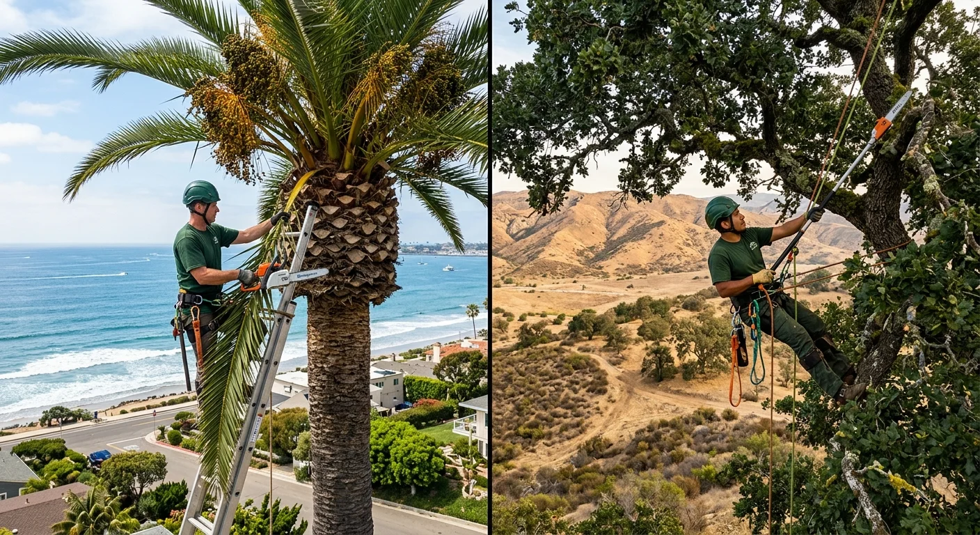 An arborist trims a Canary Island Date Palm by the ocean; another prunes a Coast Live Oak in dry, hilly inland terrain.
