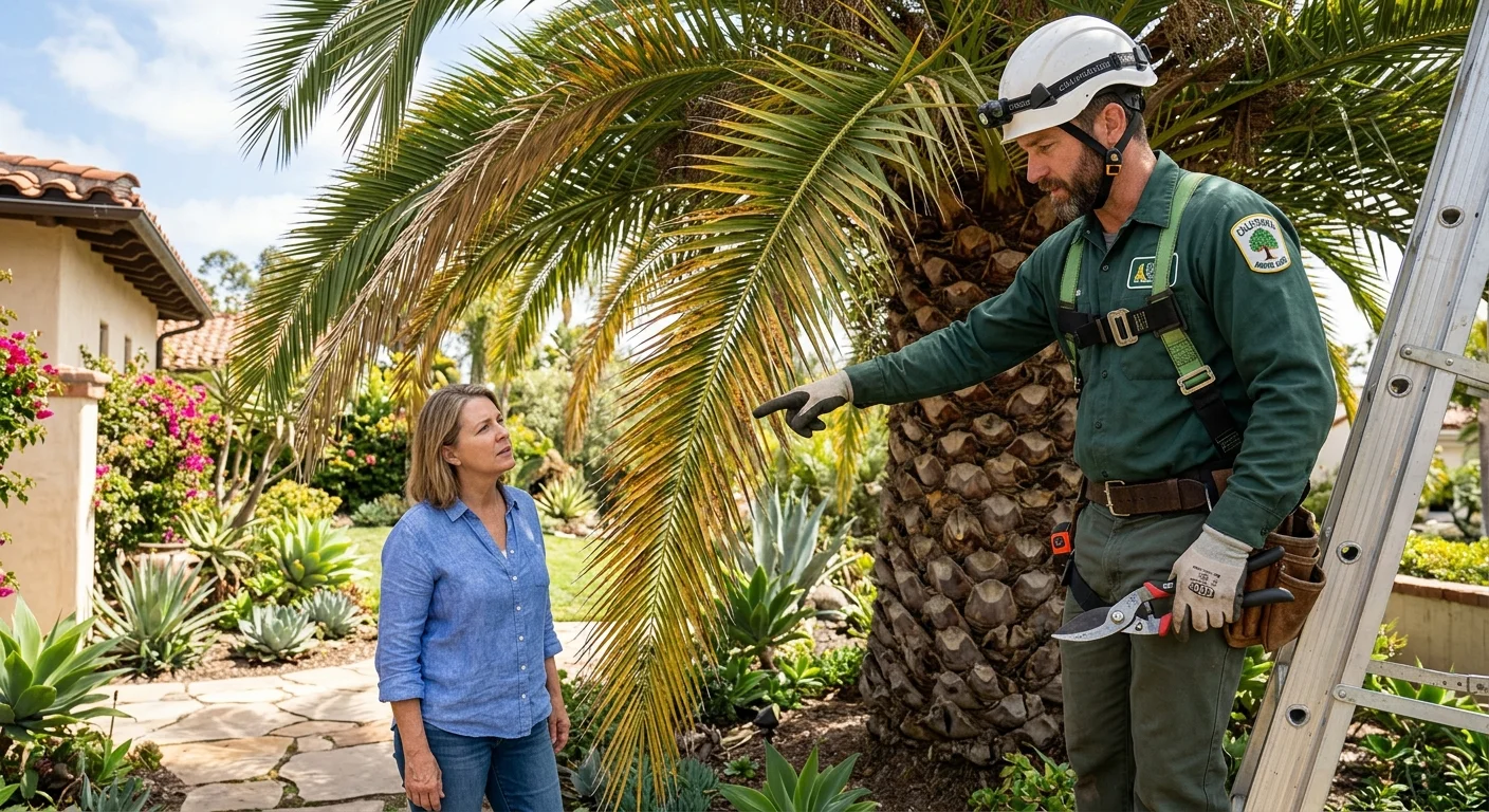 A certified arborist examining the discolored fronds of a large palm tree in a San Diego yard, pointing out symptoms to the concerned homeowner.