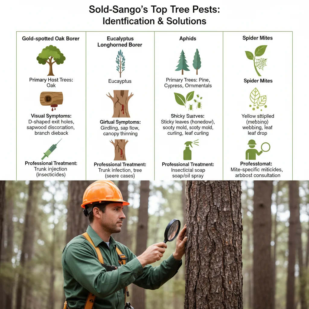 Infographic detailing common San Diego tree pests: Gold-spotted oak borer, Eucalyptus longhorned borer, Aphids, and Spider Mites. Includes host trees, key symptoms, and professional treatment options.