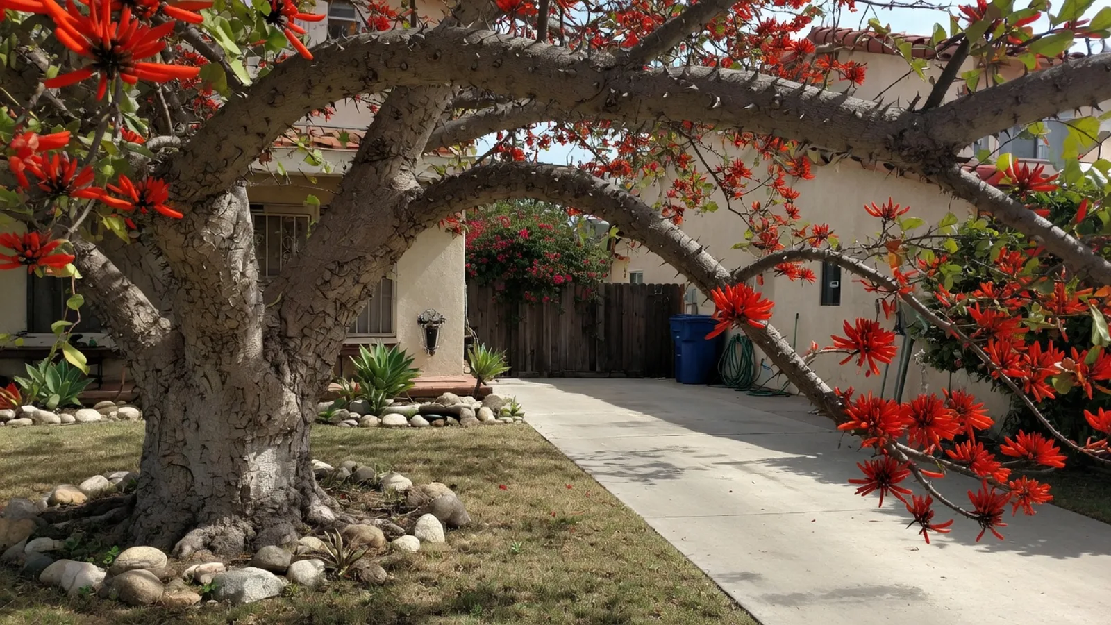 Coral tree with thorny branches and orange-red flowers over a San Diego