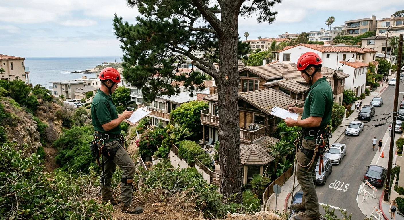 Independent tree professional planning a large removal beside a tightly spaced La Jolla home