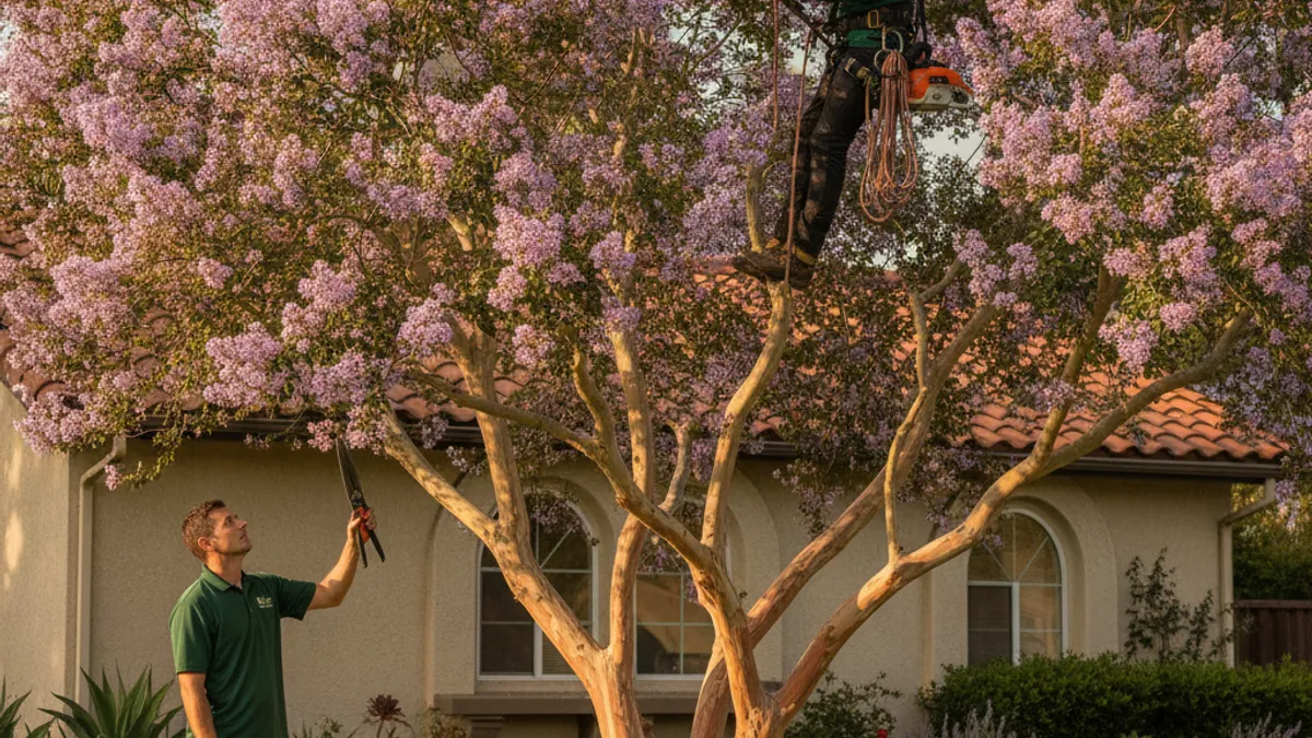 A blooming lavender-flowered Muskogee crape myrtle tree in a San Diego front yard with exfoliating bark visible on the trunk