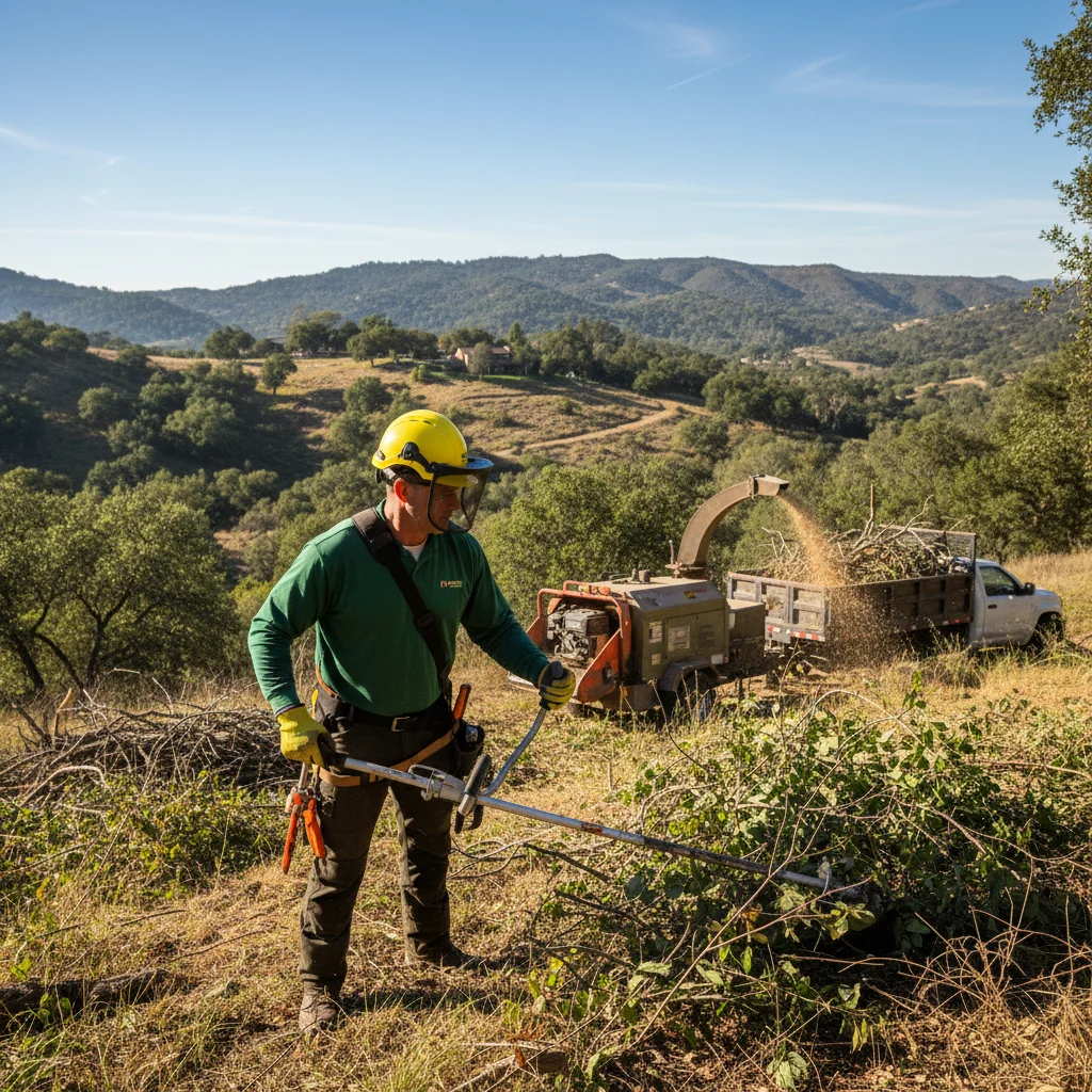 A cleared defensible space zone around a home in the hills of Alpine, CA.