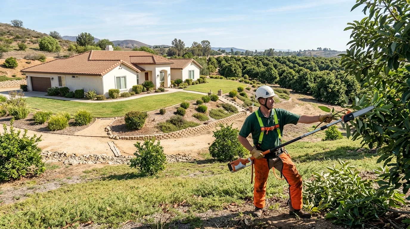 A wide shot of a property in Fallbrook with clear defensible space. You can see avocado trees in the distance, and the home is surrounded by cleared, low-cut vegetation, showcasing fire safety.