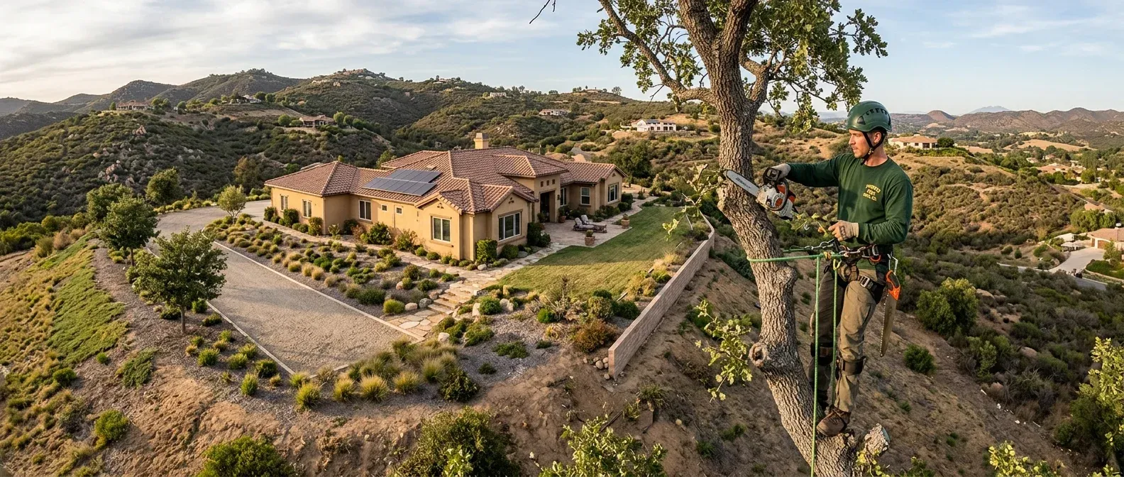 A panoramic shot of a well-maintained property in the hills of Poway, showing clear defensible space around the house with properly pruned trees and low-cut vegetation.