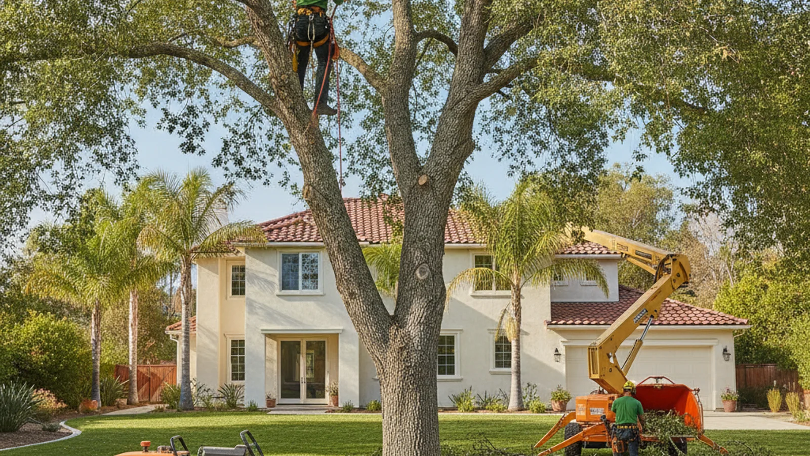 Un arborista profesional amarrado con cuerdas en un árbol grande removiendo ramas en una casa de San Diego, con una trituradora y un camión con canasta