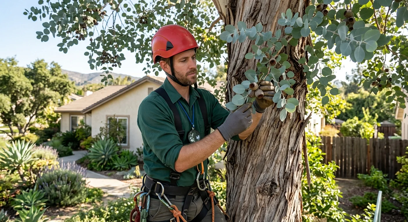 An independent arborist examining rounded silver eucalyptus leaves, bark, and seed structures on a residential lot
