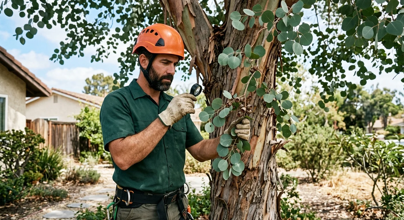 Independent arborist checking rounded eucalyptus leaves and bark on a Southern California residential lot