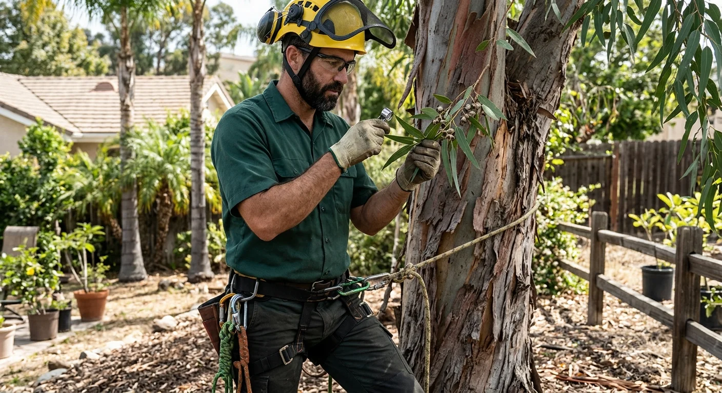 Independent arborist examining narrow eucalyptus leaves and bark on a Southern California lot