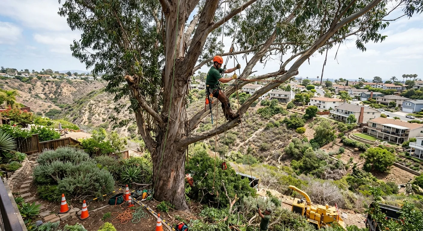 A large, towering eucalyptus tree in a San Diego canyon-side backyard, with an arborist safely rigging branches for removal.