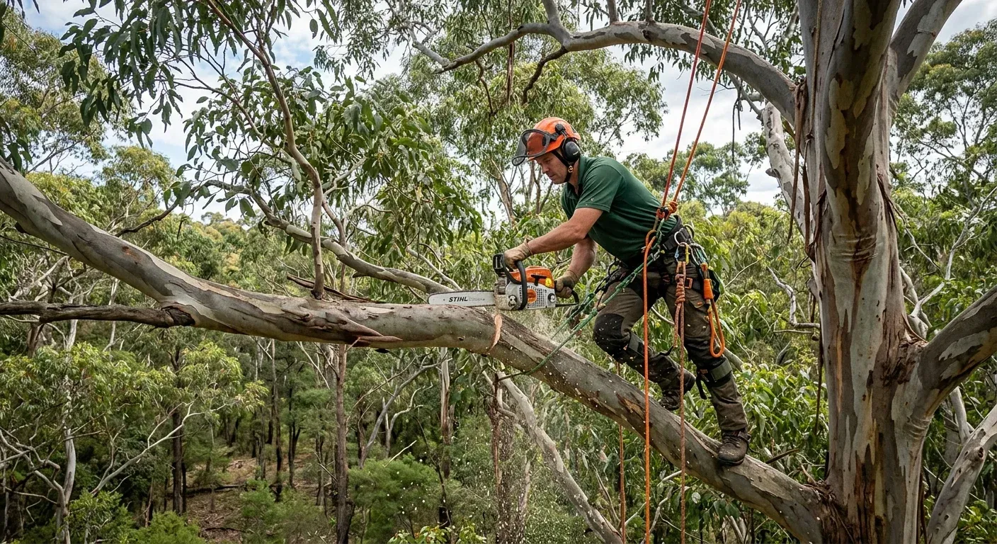 An arborist high up in a large eucalyptus tree, carefully making a pruning cut to remove a heavy, overextended limb.