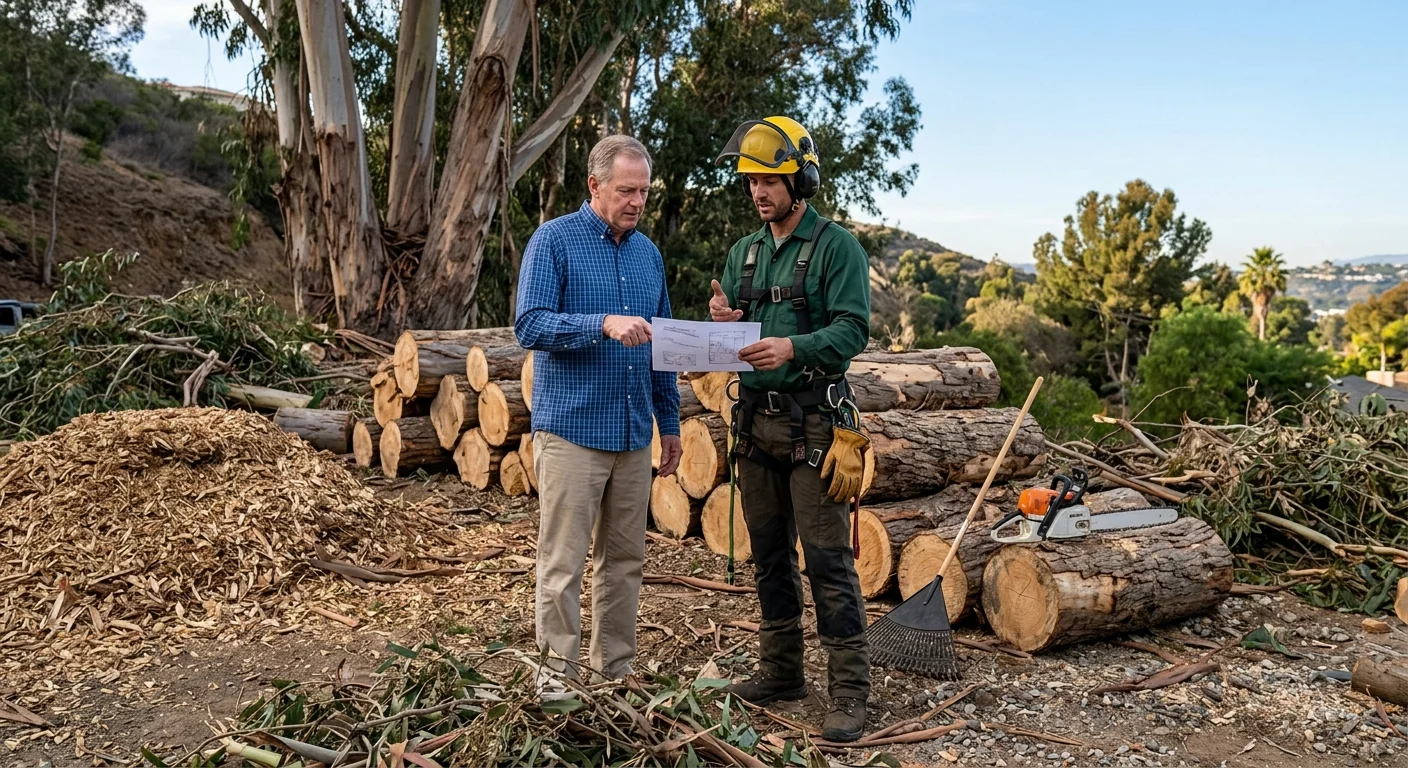Homeowner and tree professional standing beside cut eucalyptus logs and chips