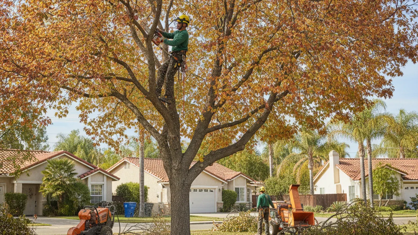 Illustrated autumn-colored tree beside homes, with a climber in the canopy