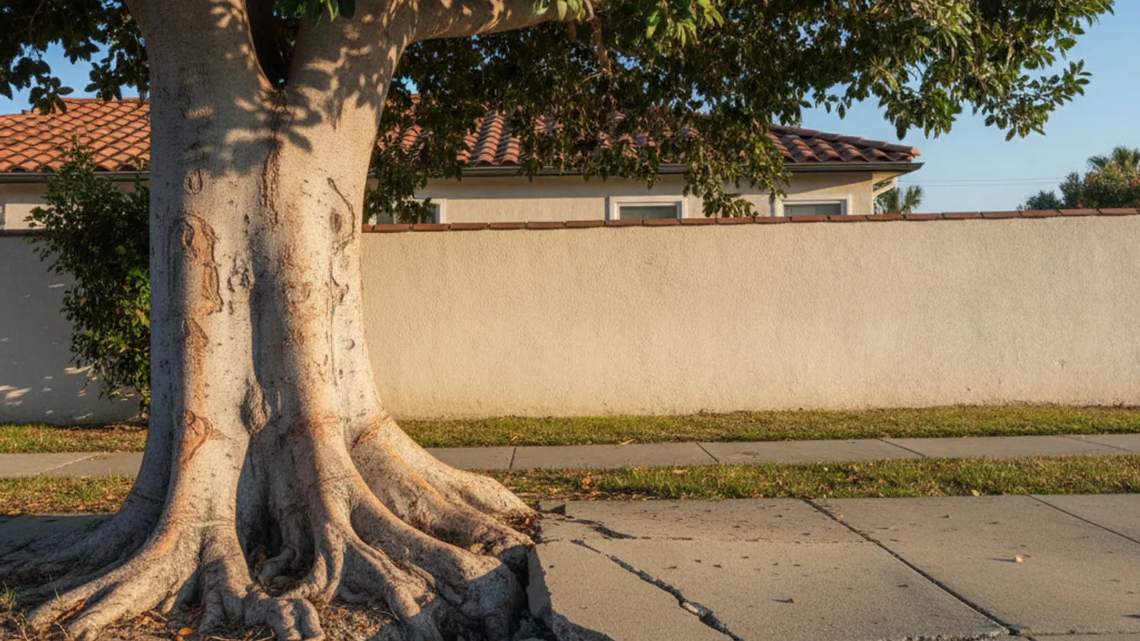 Un ficus maduro de follaje denso y brillante junto a una banqueta costera de San Diego agrietada y levantada por raíces gruesas de superficie.