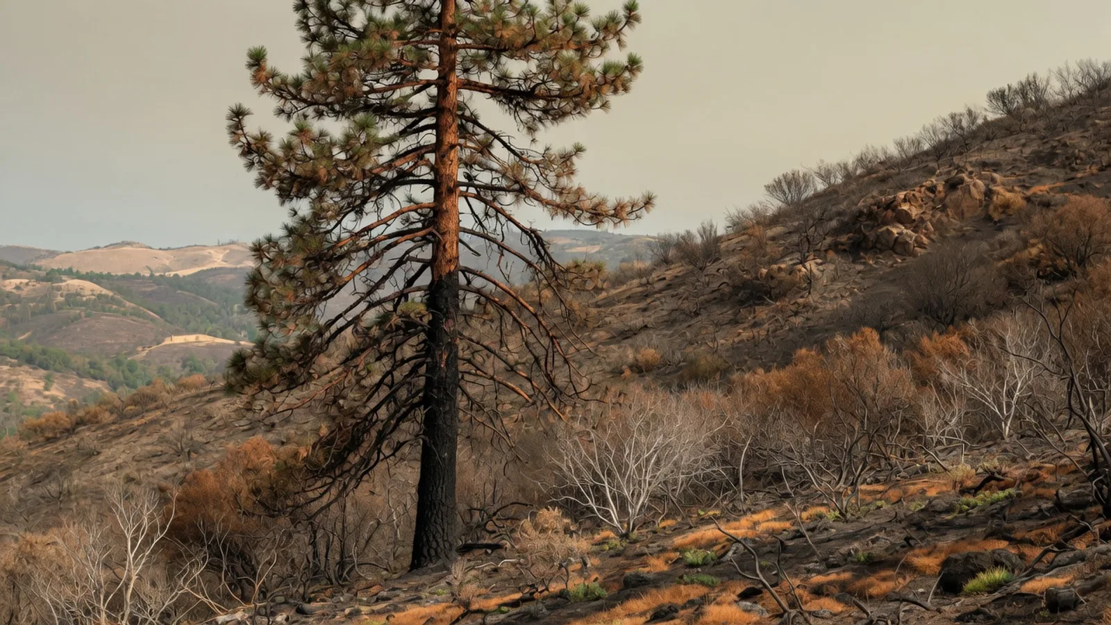 Fire-scorched pine still standing on a San Diego inland hillside