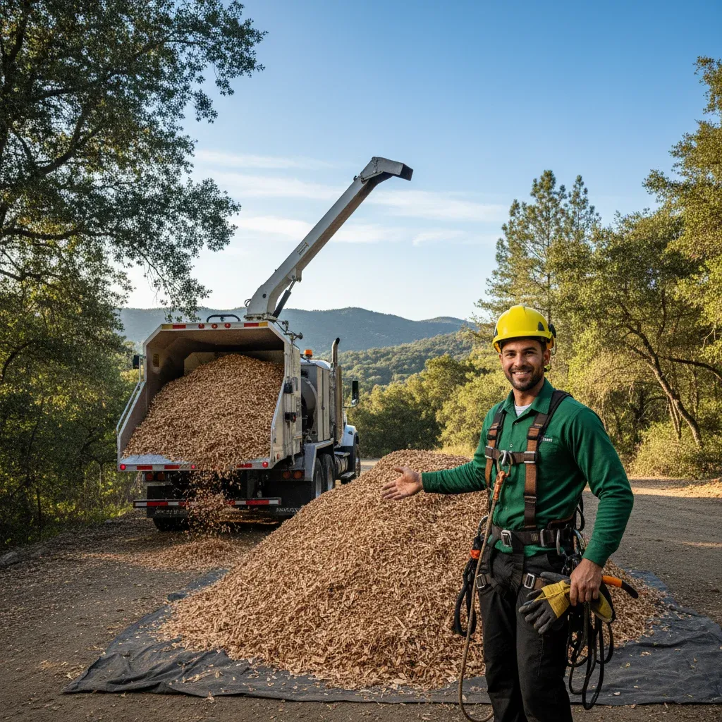 A large, fresh pile of arborist wood chips in a residential garden setting.