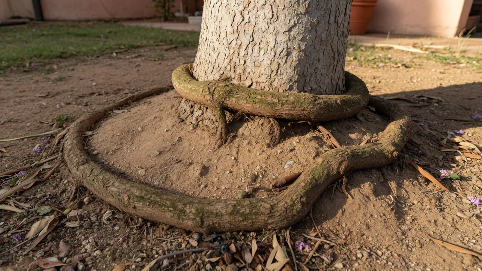 Tree trunk base in a San Diego yard with soil covering the root flare
