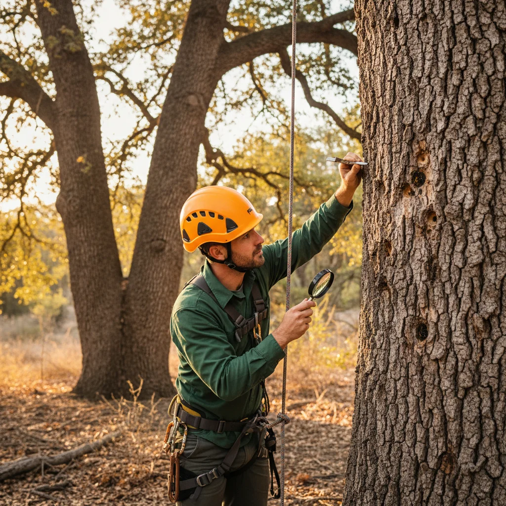 Close-up of D-shaped exit hole from a gold-spotted oak borer on an oak tree trunk in San Diego.