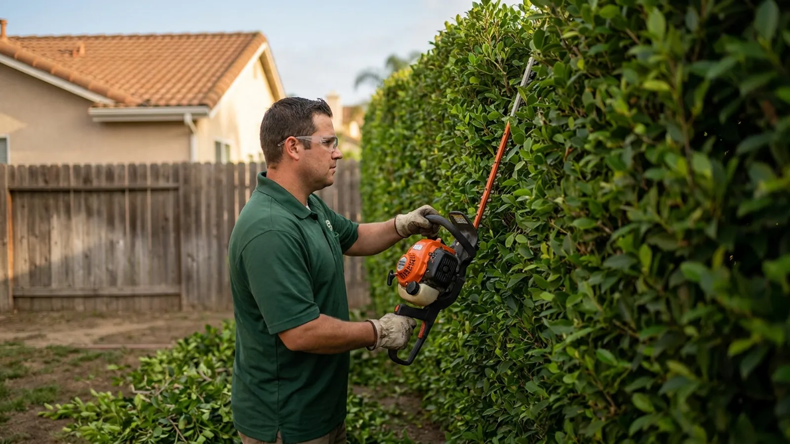 Un jardinero dando forma a un seto de privacidad verde y alto con una podadora eléctrica en un patio trasero de San Diego