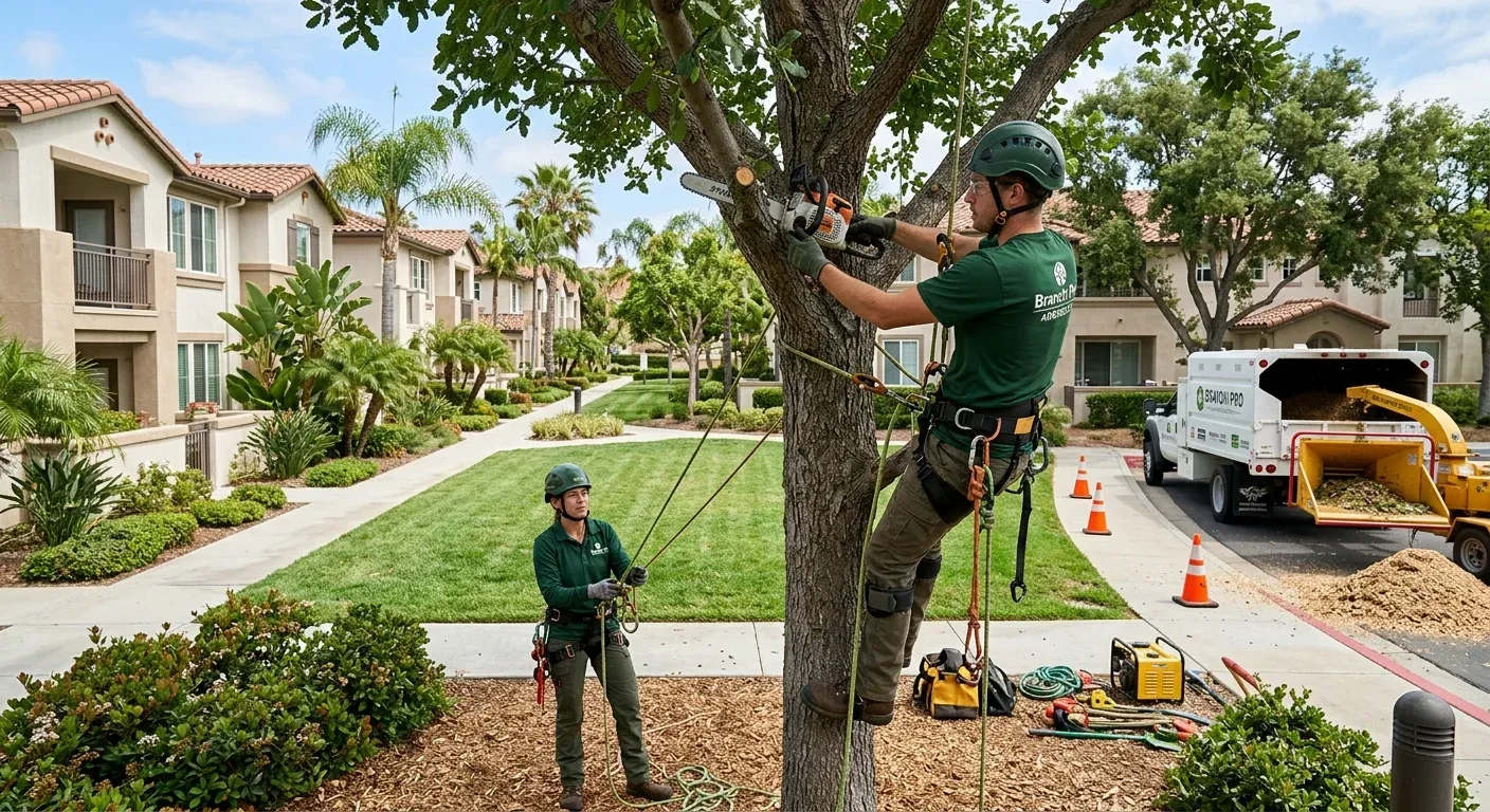 A team of uniformed arborists from Branch Pro working efficiently in the common area of a well-kept condo complex or housing development in a place like Rancho Bernardo or Carmel Valley.