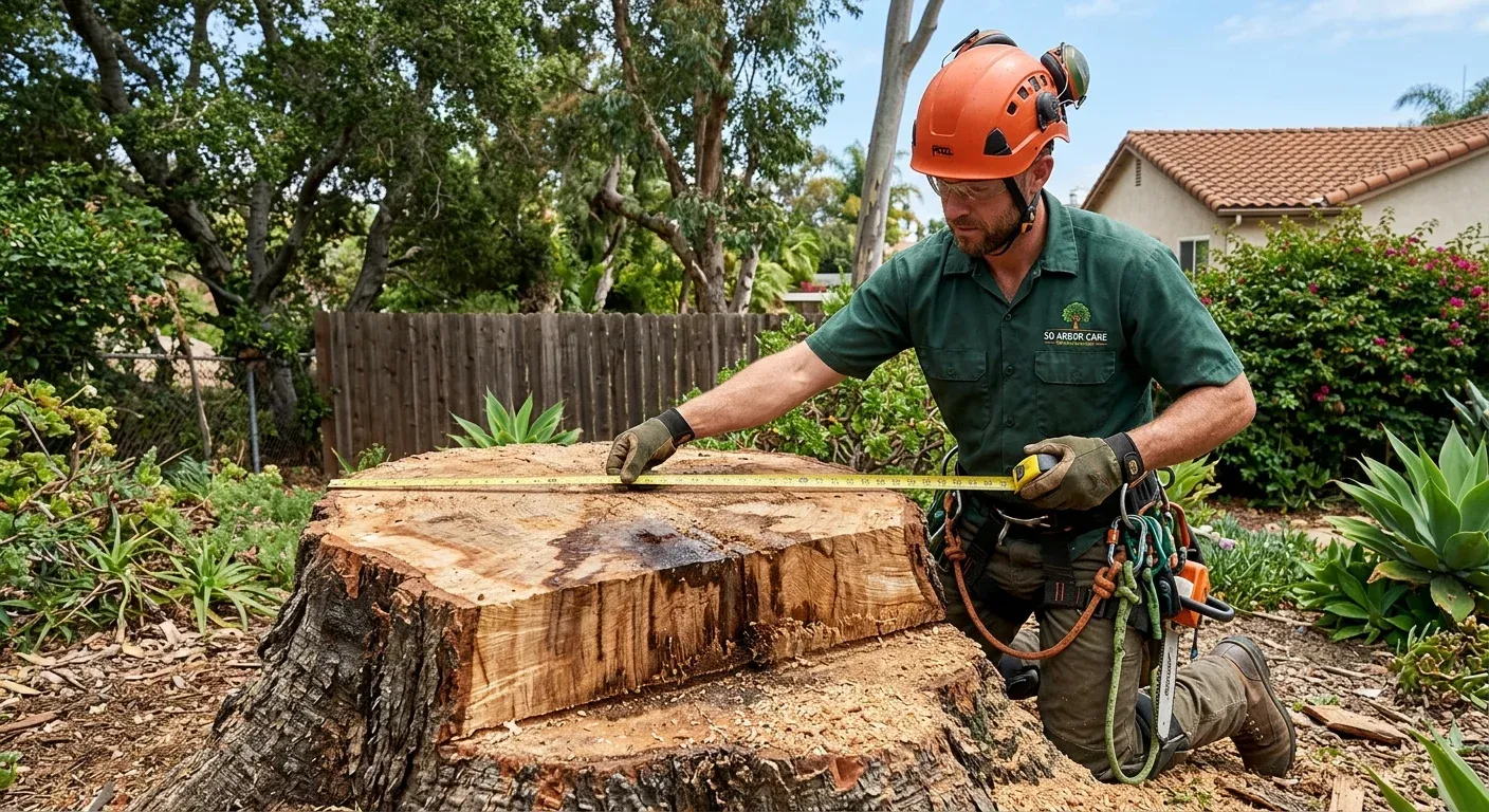 An arborist using a measuring tape to measure the diameter of a large, freshly cut tree stump in a San Diego backyard.
