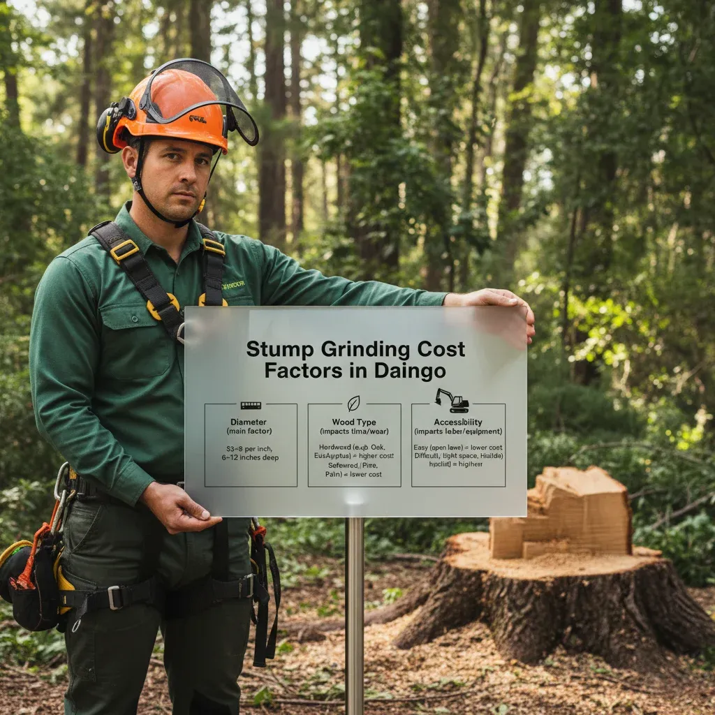 A visual guide to stump grinding costs in San Diego, detailing pricing by diameter, wood type, and accessibility factors, with average cost ranges.