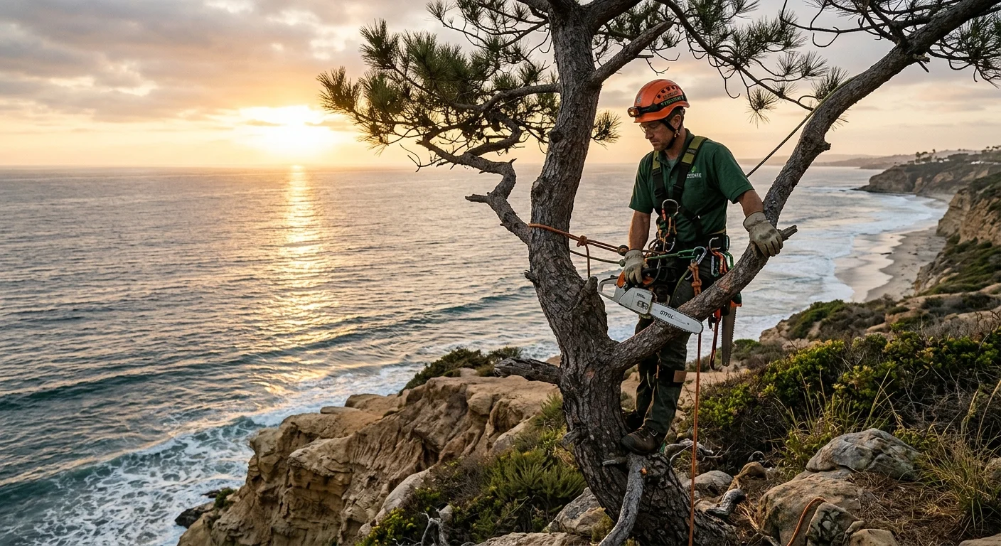 A majestic Torrey pine on a cliffside in La Jolla or Del Mar, with the Pacific Ocean in the background during golden hour.