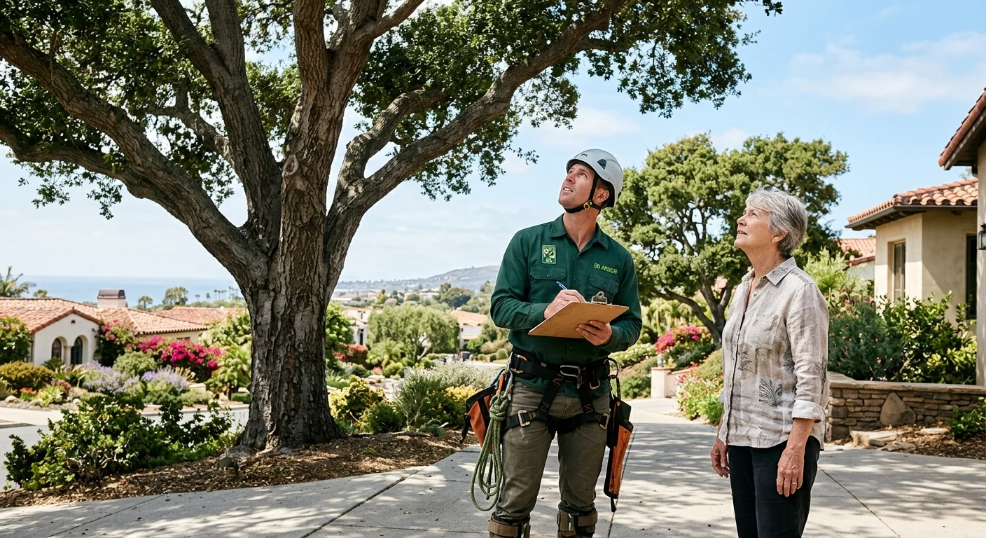 A certified arborist with a clipboard and hard hat, looking up at a large Coast Live Oak tree in a sunny San Diego neighborhood like La Jolla, with the homeowner listening intently.