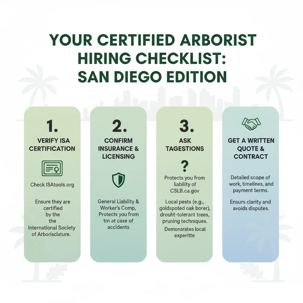 Infographic illustrating a checklist for hiring a certified arborist in San Diego, including ISA certification, insurance, local knowledge, and written quotes.