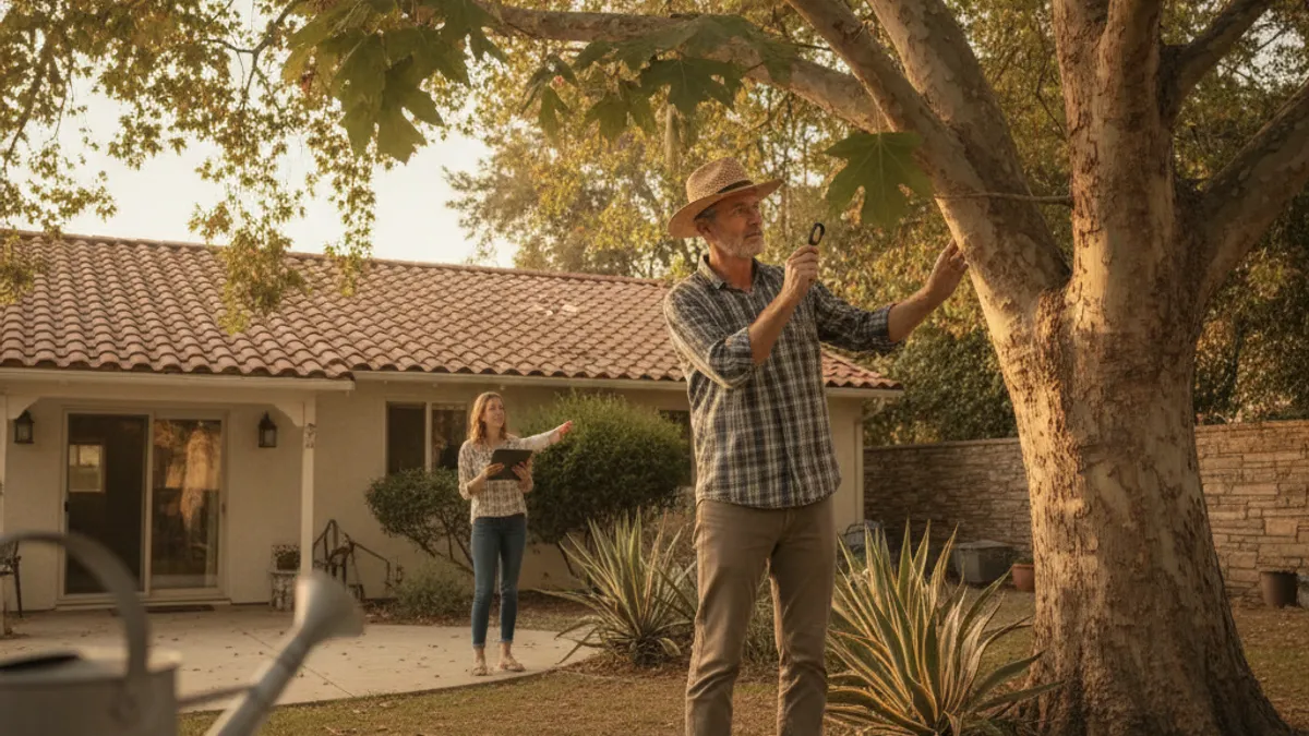 A homeowner examining the leaves and bark of a large tree in a San Diego backyard to identify the species