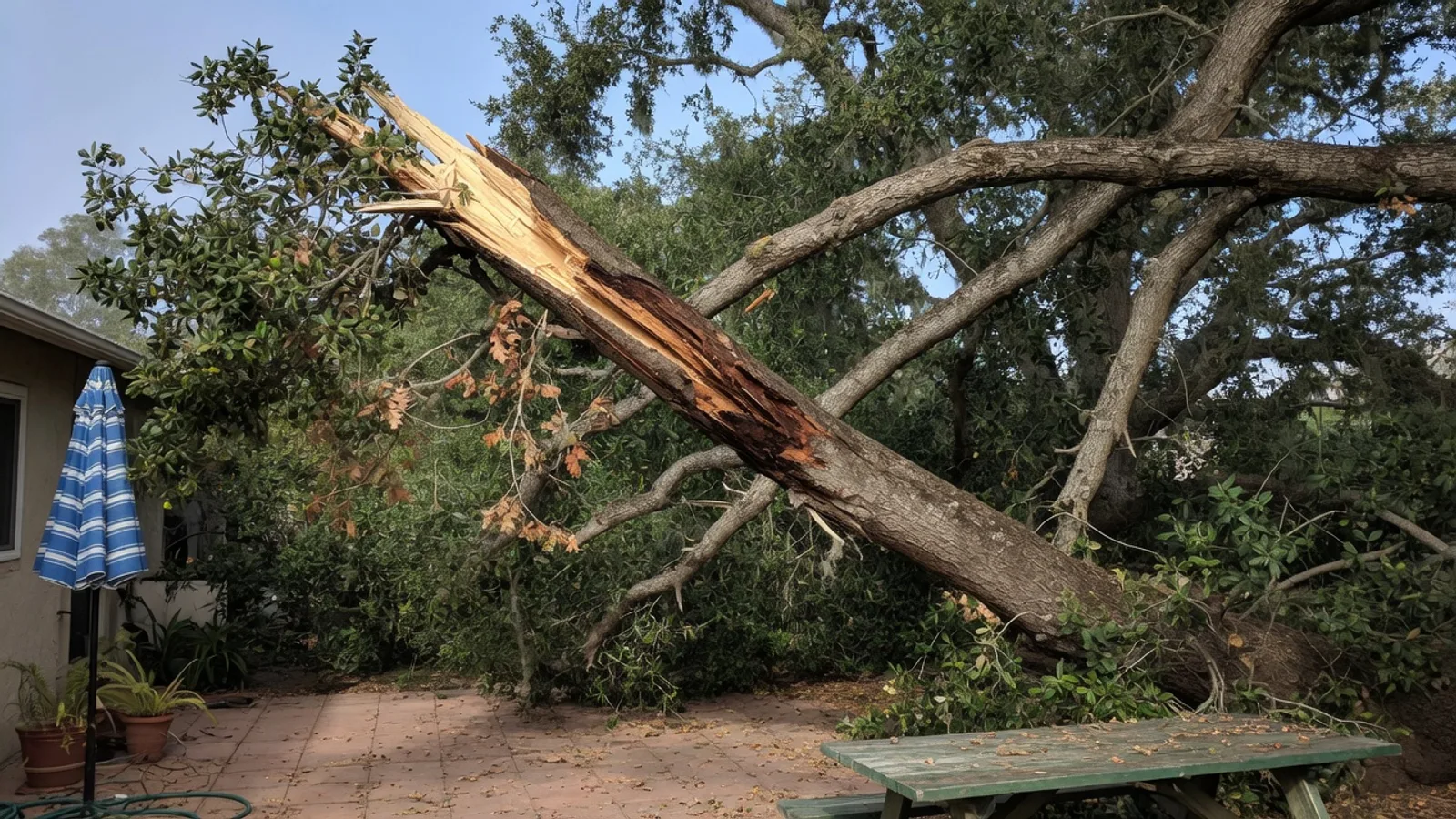 Broken limb caught in a San Diego oak canopy above a patio