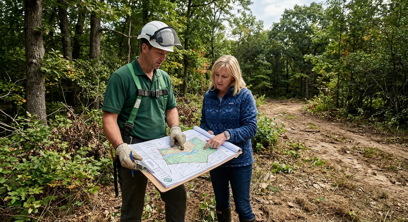 Two people hold a paper plan on a wooded path.