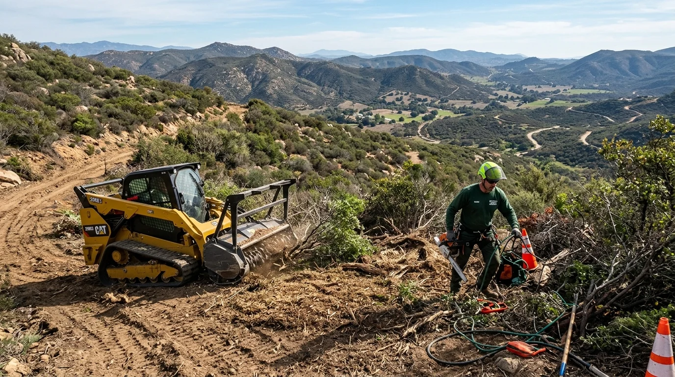 A wide shot of a land clearing project in progress on a hillside property in San Diego's backcountry. A skid steer with a forestry mulcher is visible.