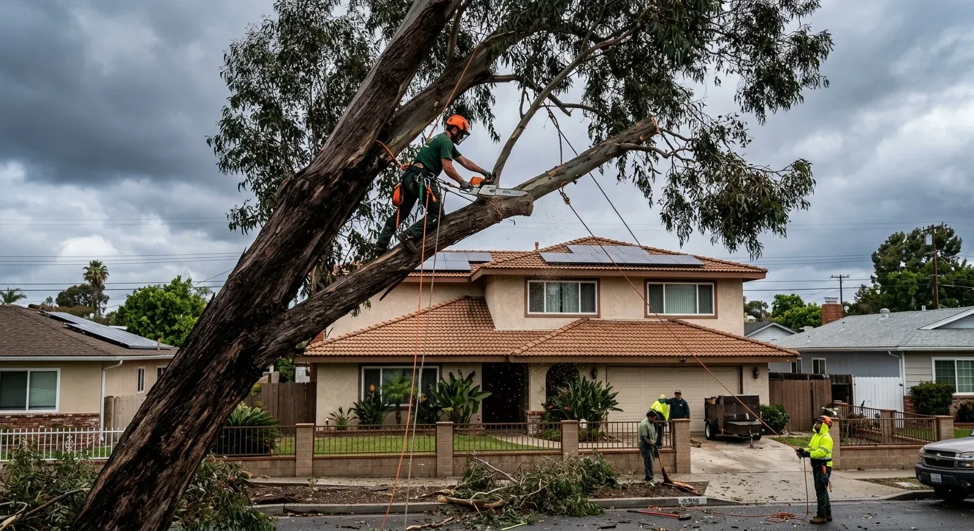A young tree staked upright in a San Diego yard after leaning