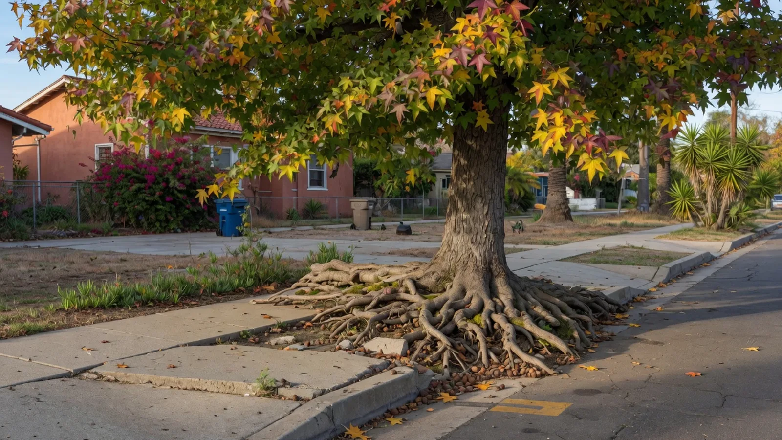 Sweetgum surface roots lifting a San Diego neighborhood sidewalk