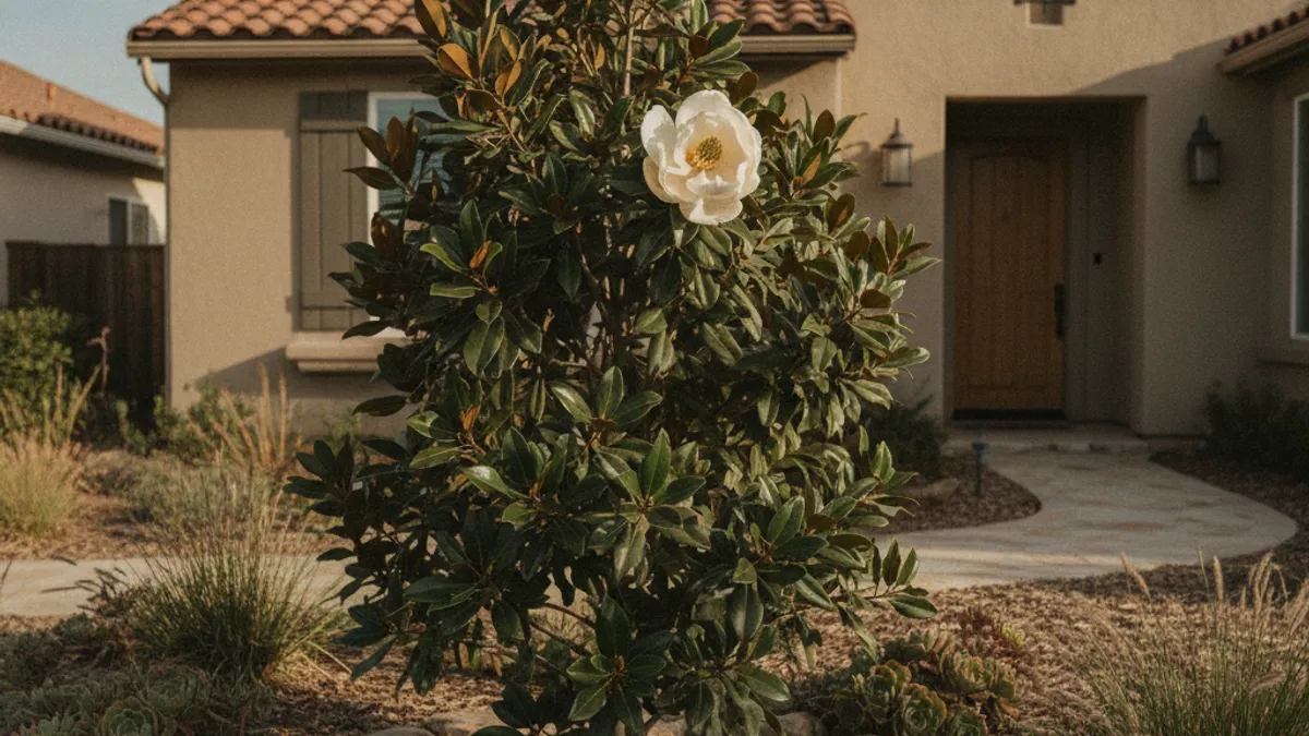 A compact Little Gem magnolia tree with glossy dark green leaves and a large white bloom in a San Diego front yard