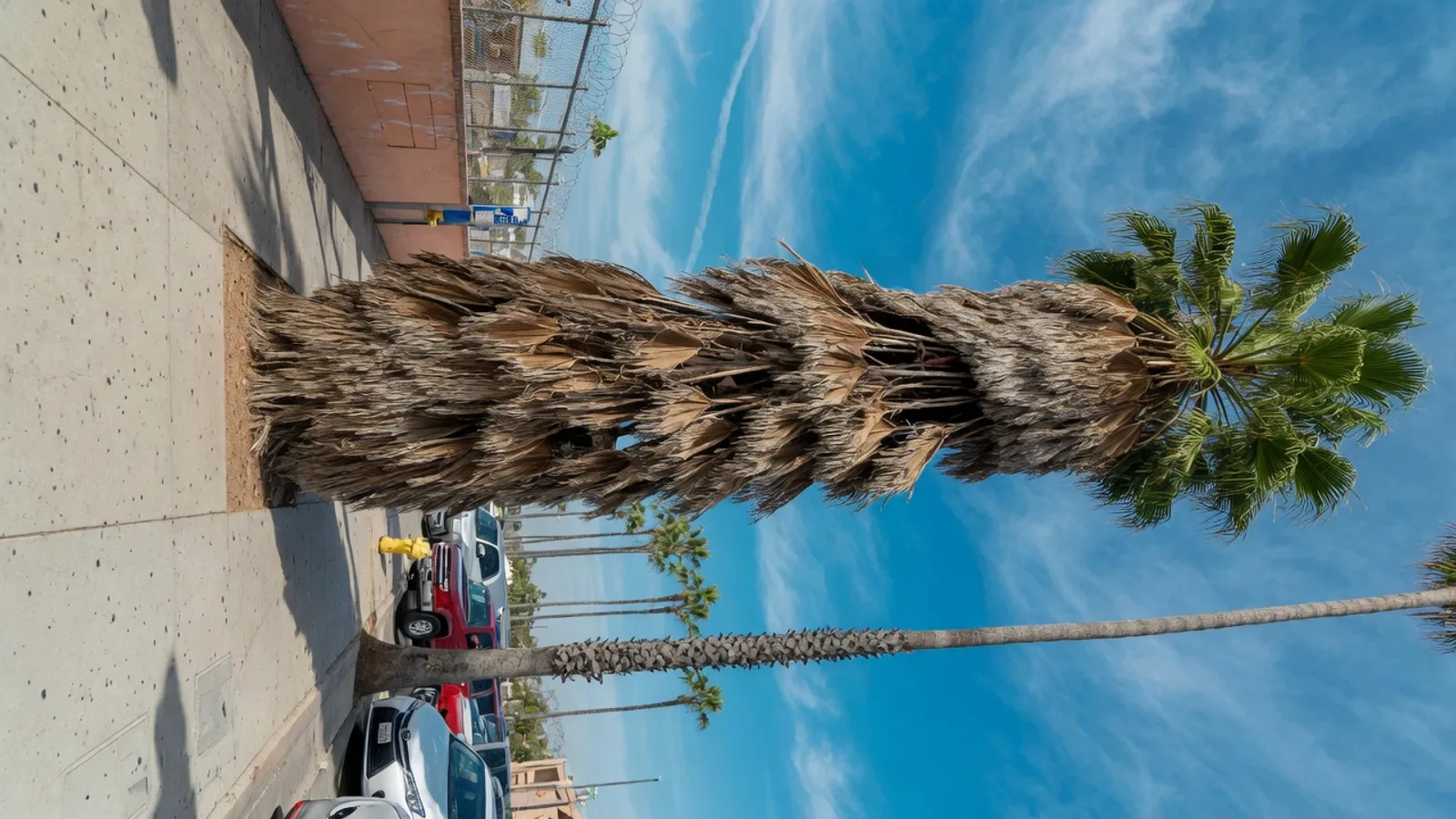 Tall Mexican fan palm with a skirt of old fronds above a San Diego sidewalk