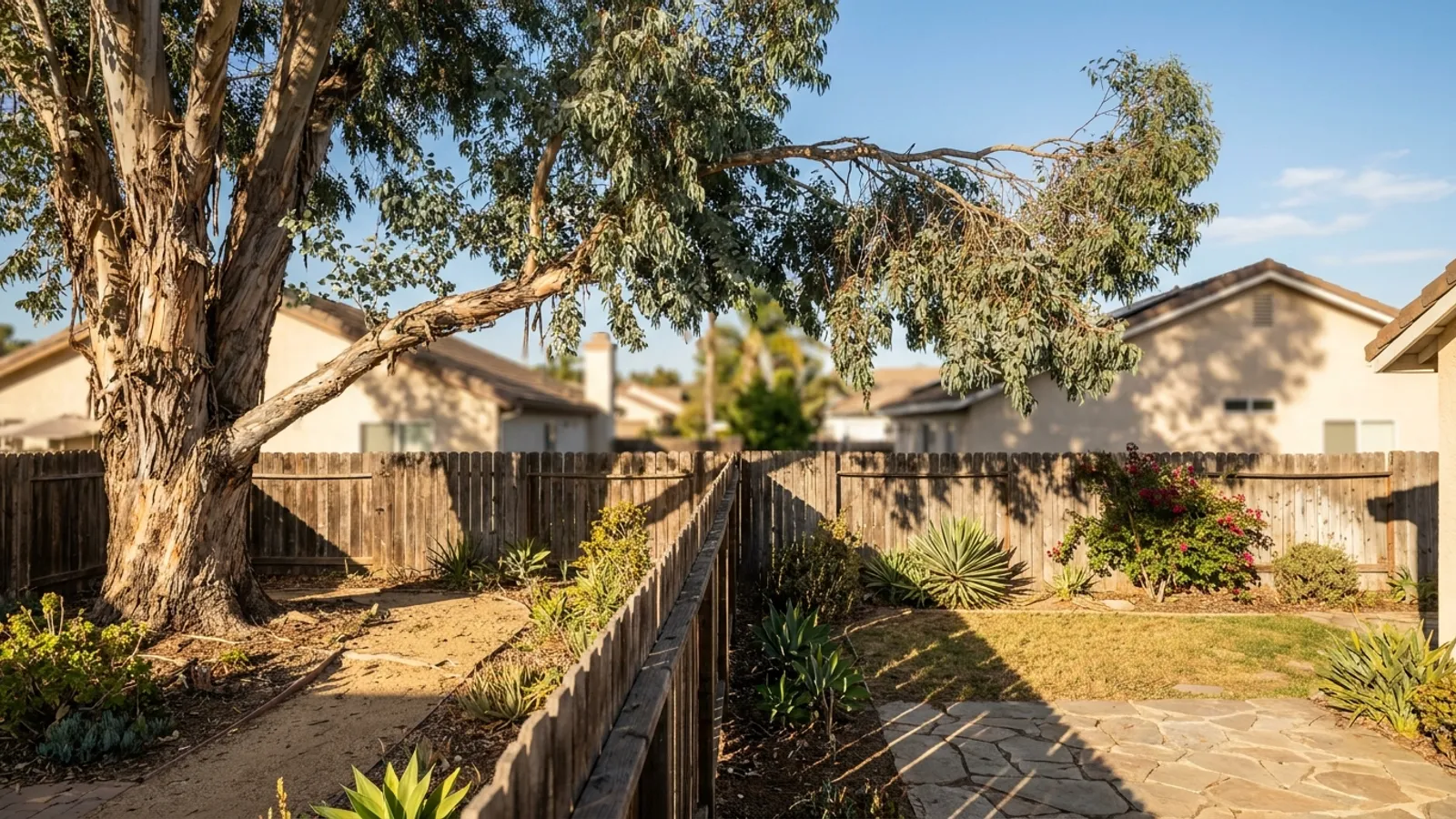 Un árbol caído grande sobre la línea de la cerca de un patio trasero residencial en el condado de San Diego