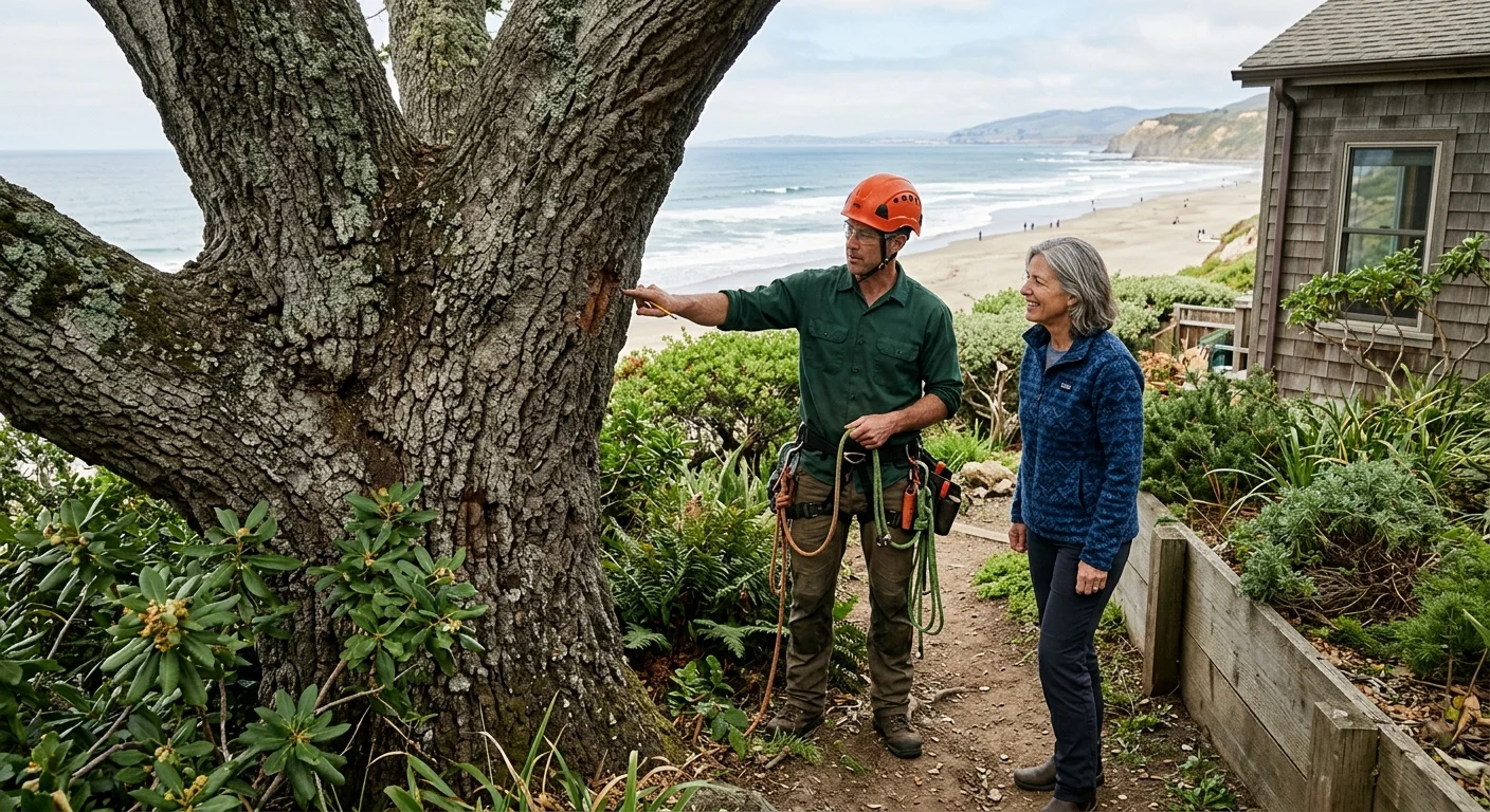 Two people standing at a tree trunk near coastal homes