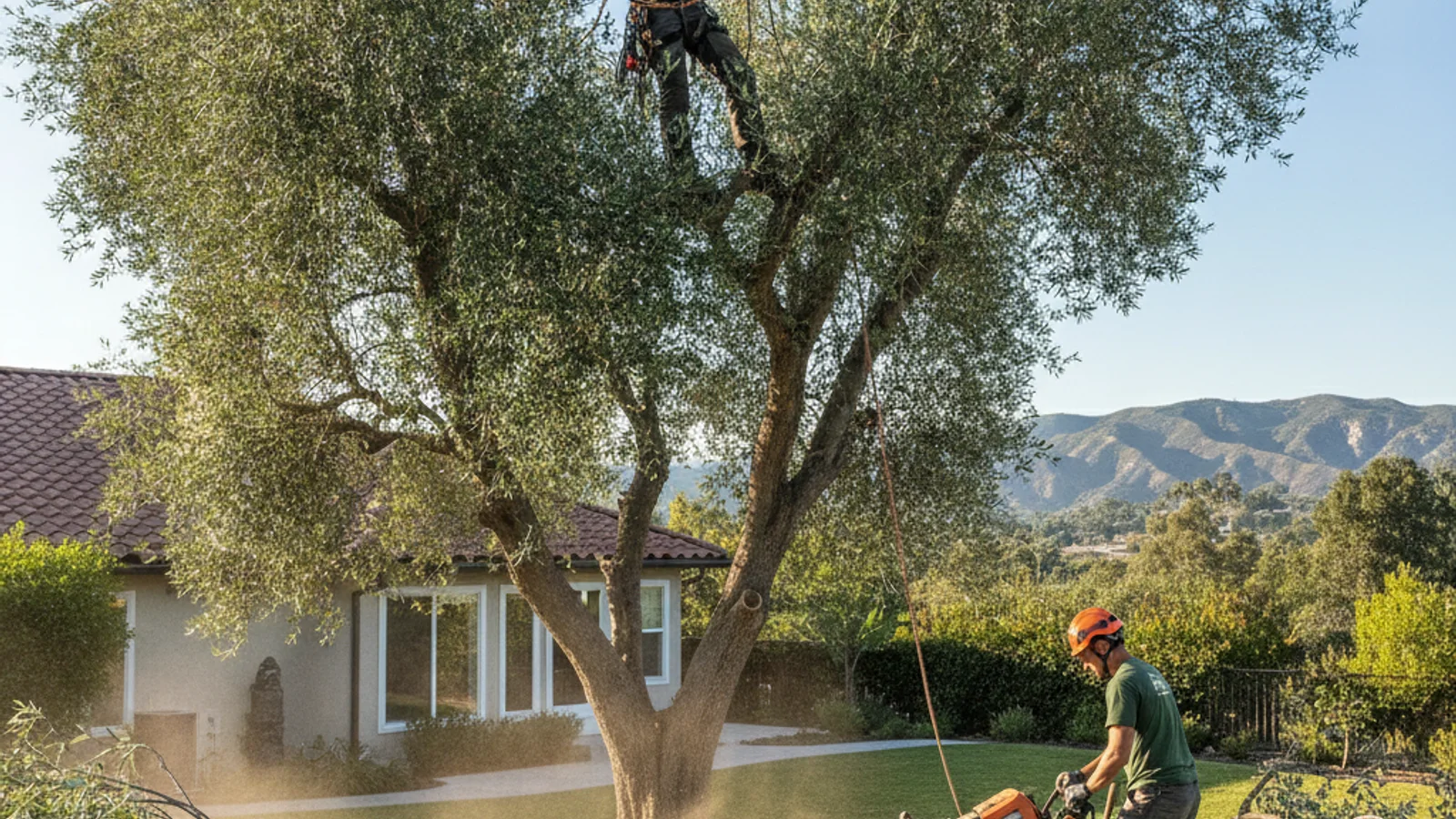 An arborist trimming a mature olive tree in a San Diego front yard