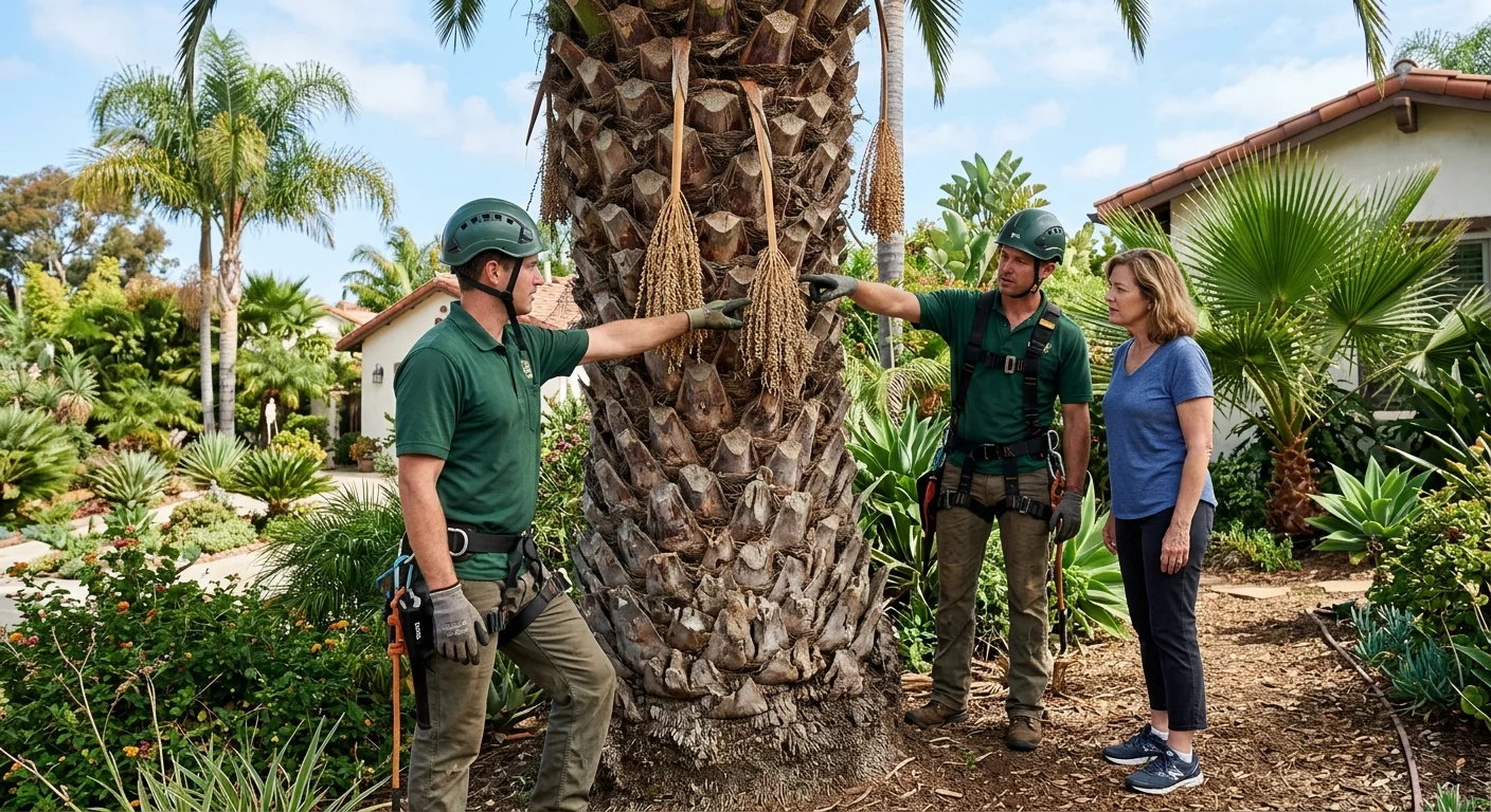 Independent palm professional pointing out old boots and hanging flower stalks with a homeowner