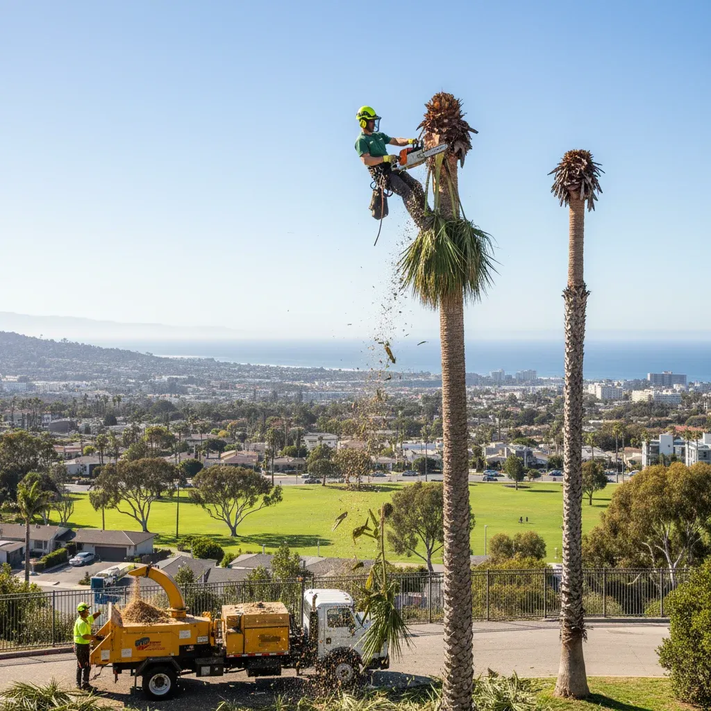 A tall palm tree being professionally removed in a San Diego backyard.