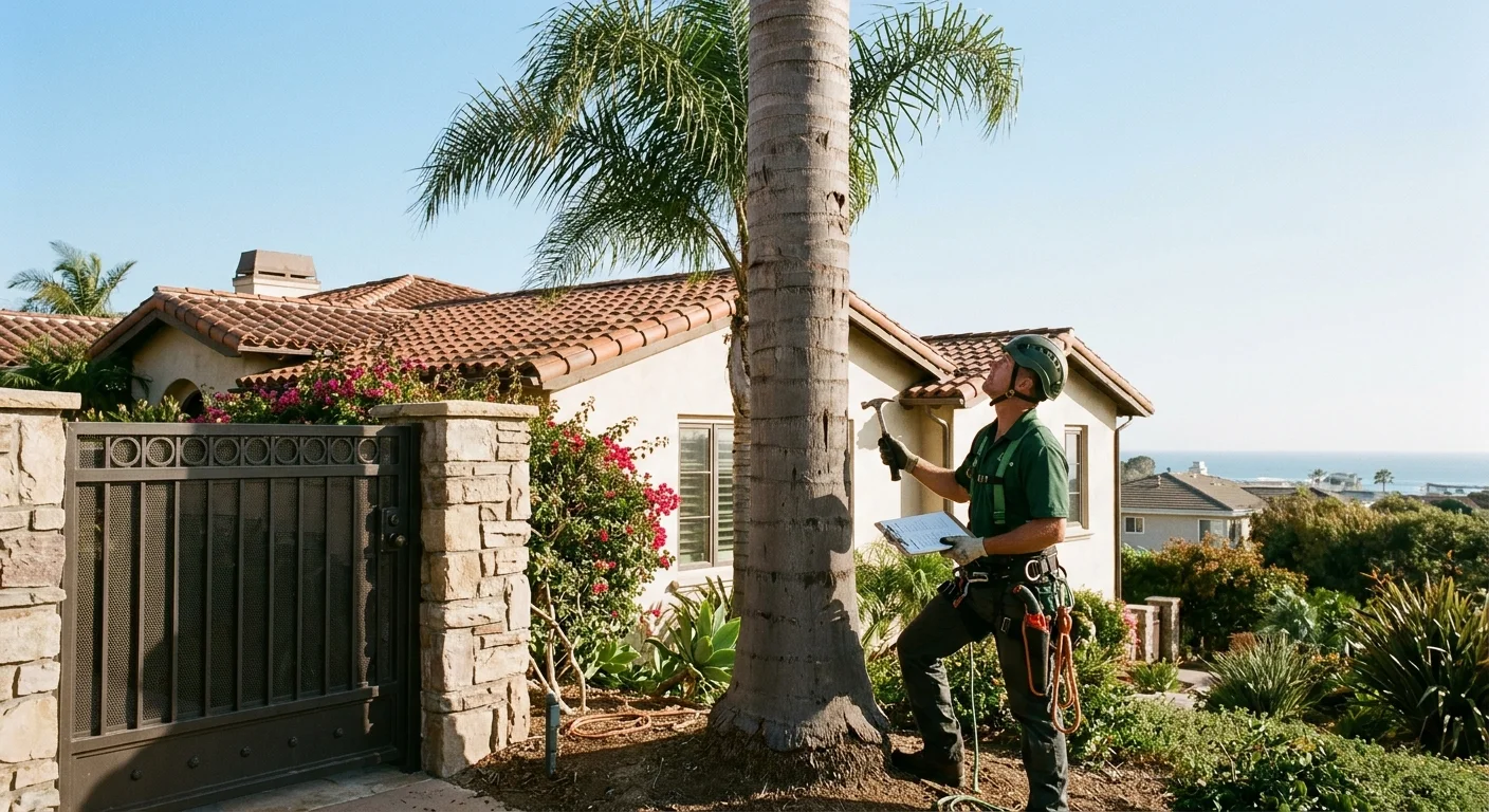 Independent palm pro viewing a tall queen palm beside a gated Carlsbad home