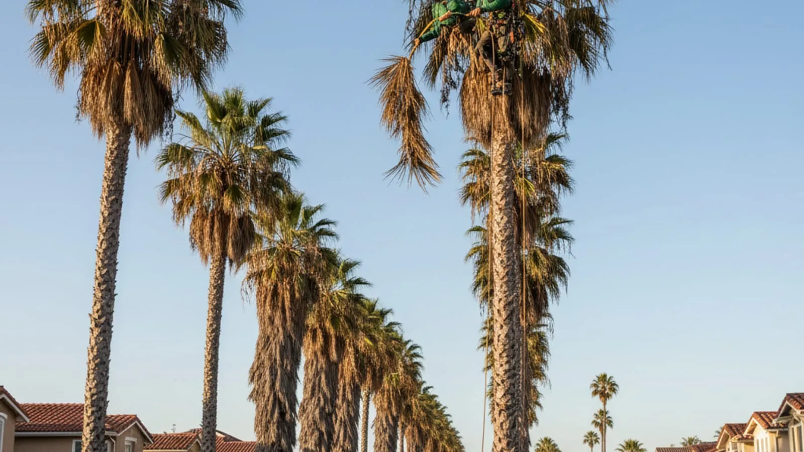 An arborist pruning brown fronds from a queen palm in San Diego