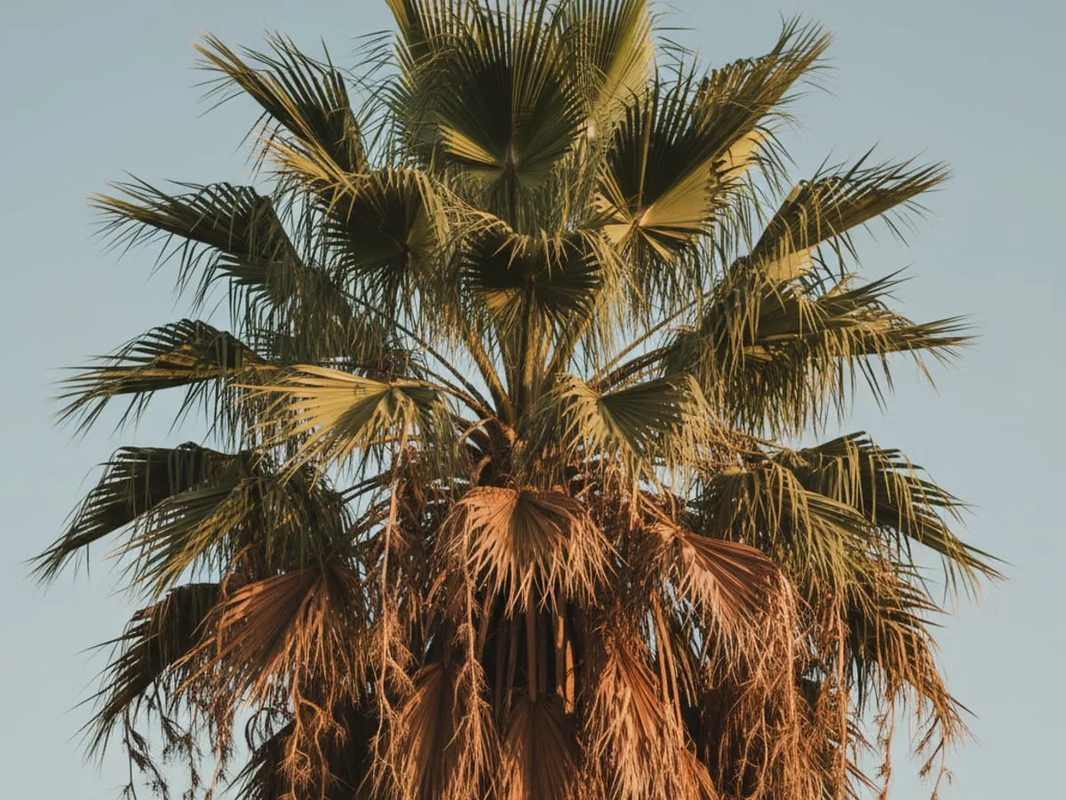 Illustration of a palm canopy with green upper fronds and brown lower fronds hanging beneath